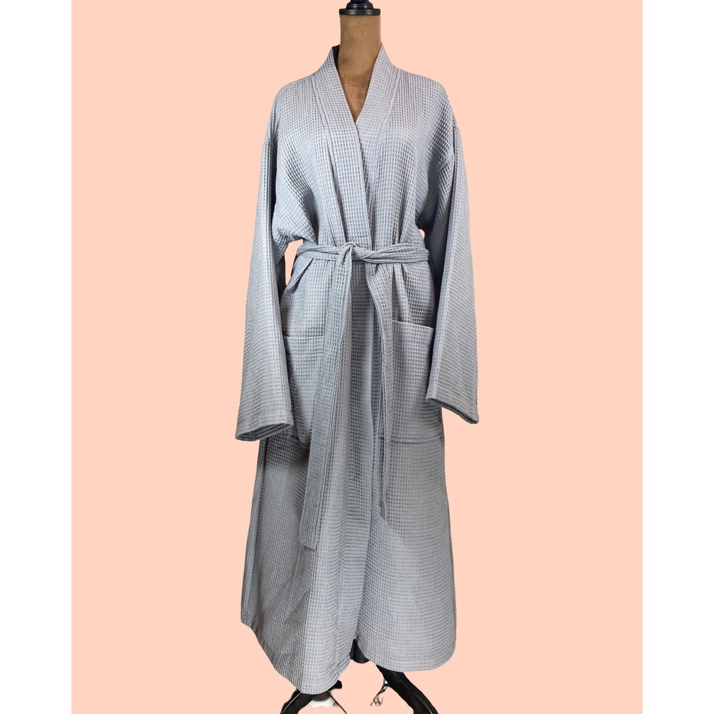 Chakr Linen Waffle Knit Robe Gray Cotton Blend Spa Bathrobe XL Quiet Luxury Long